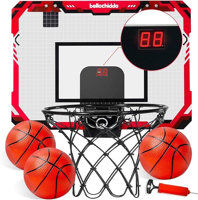 BELLOCHIDDO Basketball Hoop Indoor for Children  and Adults - Mini Basketball Hoop with Electronic Scorerboard and 3 Balls, Over The Door Basketball Hoop Indoor for Wall Bedroom and Office for age 4+