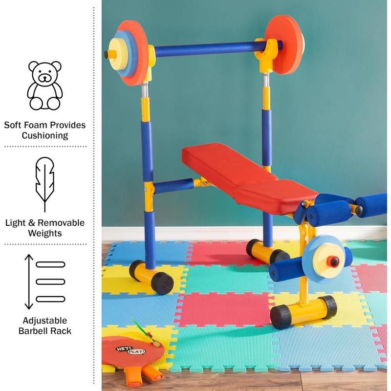 Hey! Play! Kids Weight Bench Set - Toddler Gym for Beginner Exercises and Weightlifting with Leg Press and Barbell - Toys for Ages 3 and Up Medium