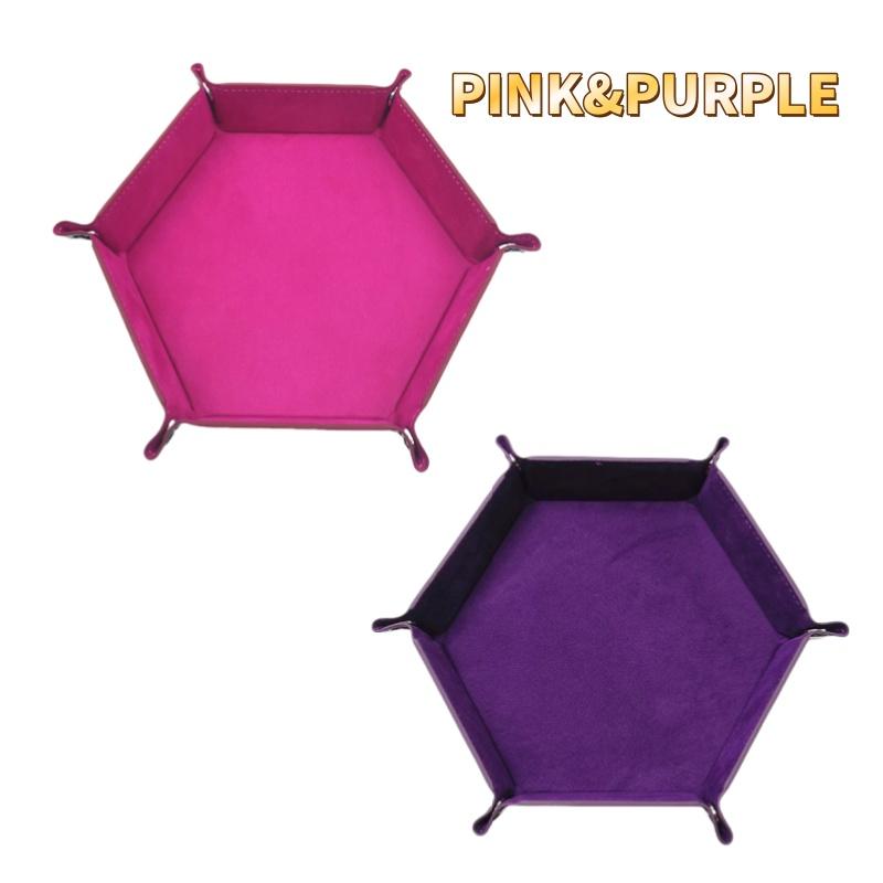 2 Pcs Velvet Cloth Dice Tray Foldable Storage Box, Dice Tray PU Leather Dice Trays (PINK&PURPLE)