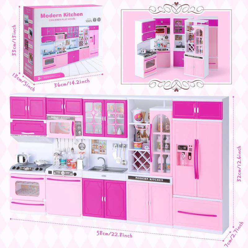 Kitchen Playset for Girls, Play Kitchen Toys for Dolls with Realistic Lights & Sounds, 56PCS Kids Pretend Play Kitchen Toy Accessories, Gifts for Toddlers Girls 3 4 5 6 Year Old