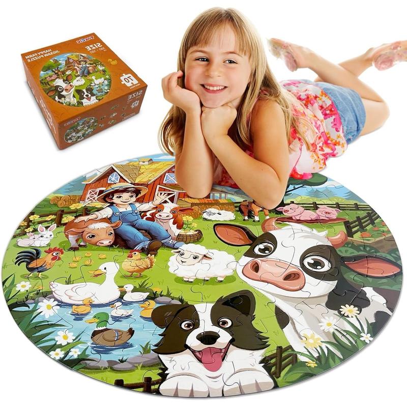 Puzzles for Kids Ages 4-6, 70 Piece Educational Round Floor Puzzles for Kids Ages 3-5, Toddler Farm Puzzles with Animals & Barn, Popular Preschool Toys & Gift Kids Puzzles Ages 3 4 5 6 7 8 9 10