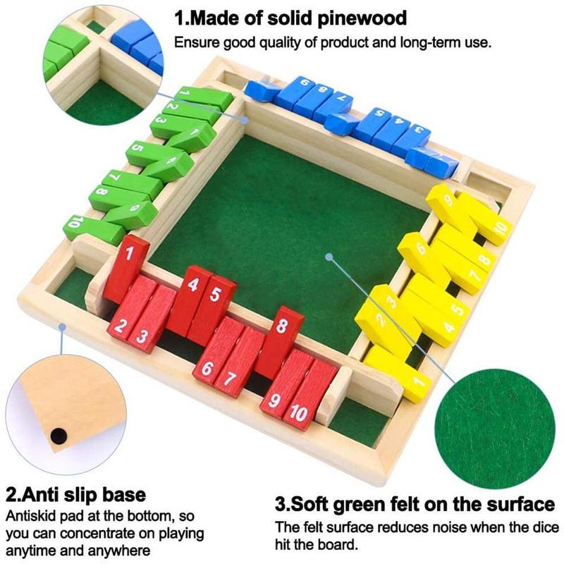 2024 Shut The Box Dice Board Game (2-4 Players) for Kids & Adults [4 Sided Large Wooden Board Game, 2 Dice + Shut-The-Box Rules] Smart Game for Learning Addition