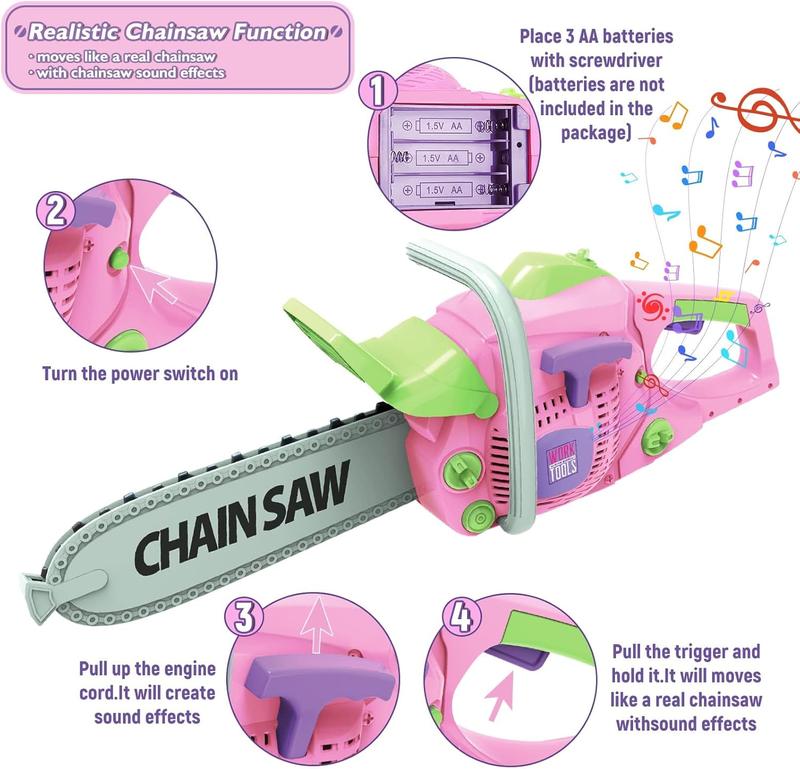 Kids Construction Tool Set for Ages 3+ – Pink Pretend Play Tools with Electric Drill & Chainsaw – Fun Toddler Gifts for Boys & Girls