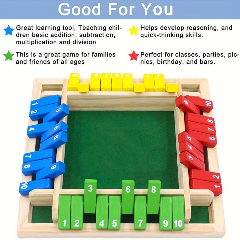 2024 Shut The Box Dice Board Game (2-4 Players) for Kids & Adults [4 Sided Large Wooden Board Game, 2 Dice + Shut-The-Box Rules] Smart Game for Learning Addition