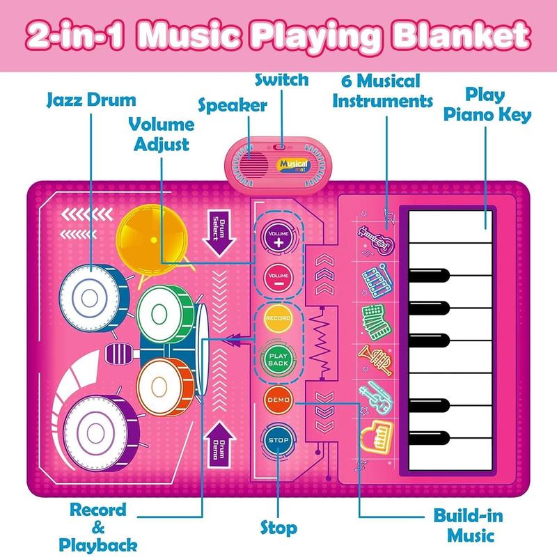 Piano Mat Kids Toys,2 in 1 Kids Music Mat with Keyboard & Drum, Early Educational Musical Toys First Birthday Gifts for 1 2 Year Old Girls & Boys