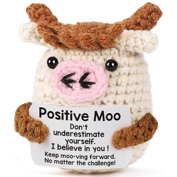 Handmade Positive Crochet Animals Cow Gifts - Inspirational Knitted Emotional Cows Doll Support Gift for Women Men Friends Family