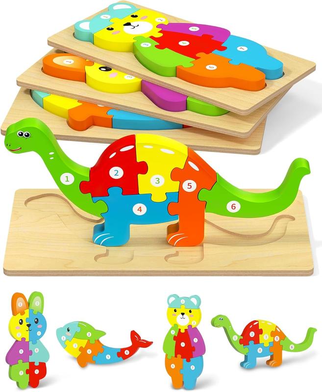 Wooden Toddler Puzzles Montessori Toys for 2 3 4 Years Old Boys Girls, 4 Pack Toddler Christmas Stocking Stuffers Animal Puzzles Kids Toys Birthday Gift Learning Toy Ages 2-4, 3-5