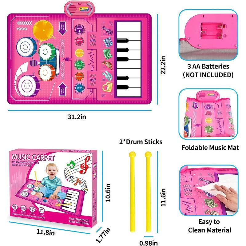 Piano Mat Kids Toys,2 in 1 Kids Music Mat with Keyboard & Drum, Early Educational Musical Toys First Birthday Gifts for 1 2 Year Old Girls & Boys