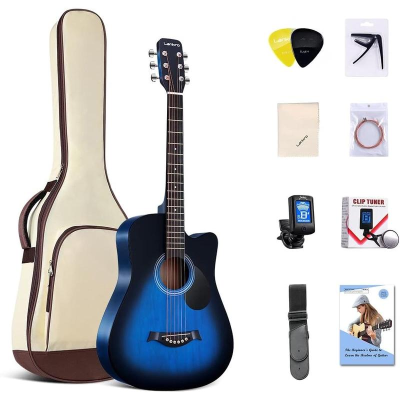 38 inch Guitar Blue Acoustic Guitar Beginner kit Adult Cutaway Acoustic Guitar Guitarras Starter Set Bundle with Padded Gig Bag, Strap, Capo, Strings, Picks