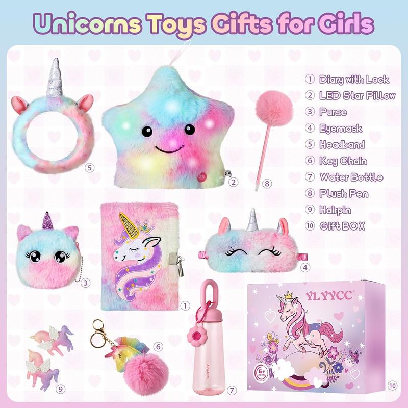 Unicorns Gifts Set for Girls Kids Age 6 7 8 9 10 Years Old, Unicorn Toys with Plush Star Light Up Pillow- Diary- Headband- Sleep Mask- KeyChain-Water Bottle, Teens Birthday Christmas Gift Ideas