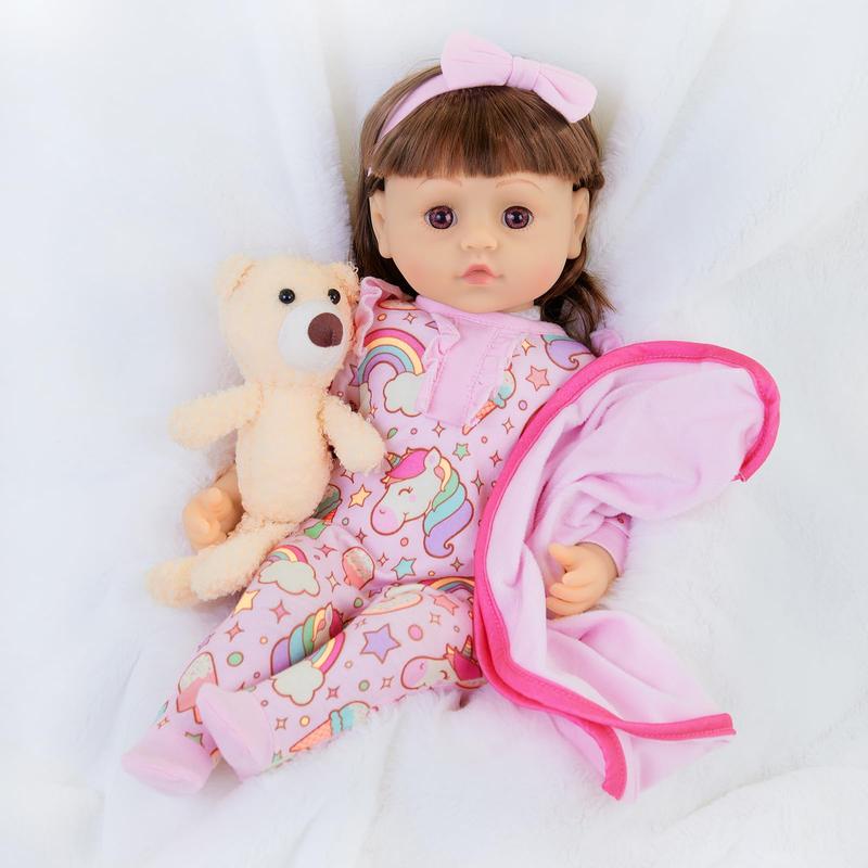 8 Pcs Baby Doll Clothes with Bassinet for 17-22 inch Baby Doll Reborn, Baby Doll Accessories Clothes Outfit Including Doll Nursing Bottle Bib Headband with Unicorn Pattern