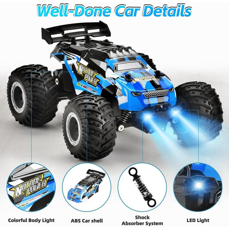 Remote Control Car, 2.4Ghz Glow-up RC Cars with Body Lights & Headlights, 2 Rechargeable Batteries for 40 Min Play, 20 KM H All Terrain Off-Road Monster Truck,Toys for Boys Kids Age 4-7 8-12 Xmas Gift