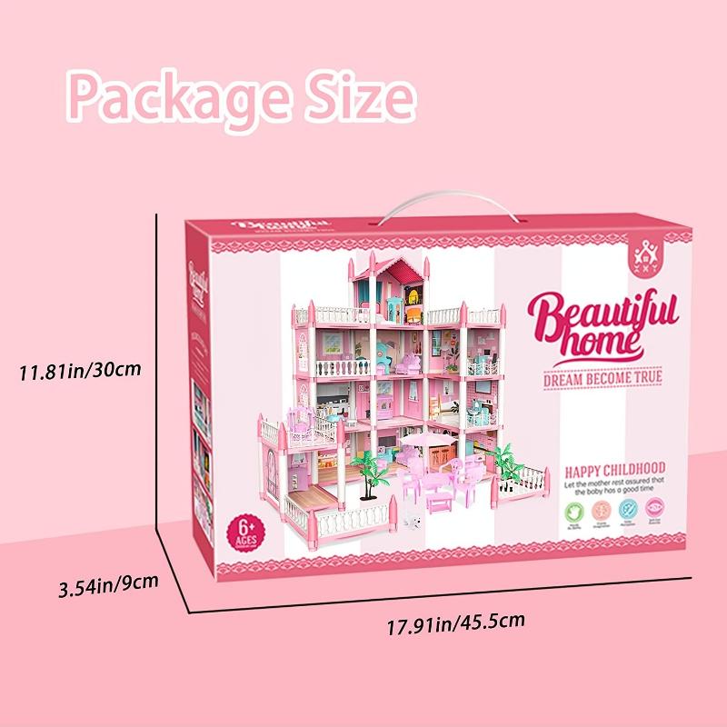 Doll set contains 11 rooms and furniture accessories. Pink children's doll house toy house DIY pretend games to build assembled toys, suitable for birthday gifts of girls aged 5, 6, 7, 8 and 9.