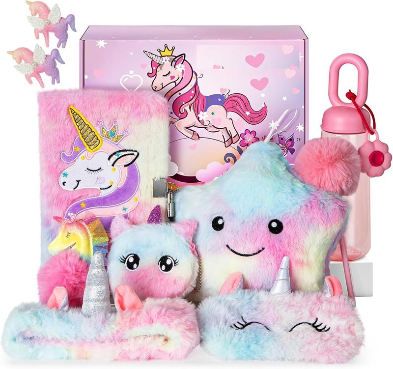 Unicorns Gifts Set for Girls Kids Age 6 7 8 9 10 Years Old, Unicorn Toys with Plush Star Light Up Pillow- Diary- Headband- Sleep Mask- KeyChain-Water Bottle, Teens Birthday Christmas Gift Ideas