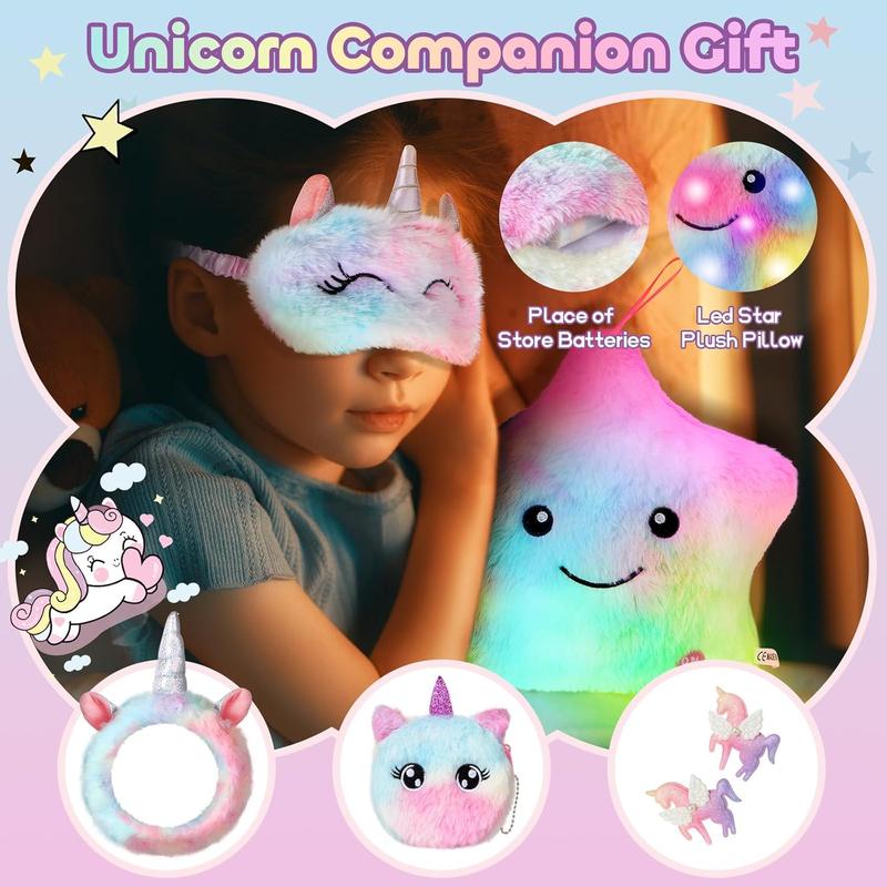 Unicorns Gifts Set for Girls Kids Age 6 7 8 9 10 Years Old, Unicorn Toys with Plush Star Light Up Pillow- Diary- Headband- Sleep Mask- KeyChain-Water Bottle, Teens Birthday Christmas Gift Ideas