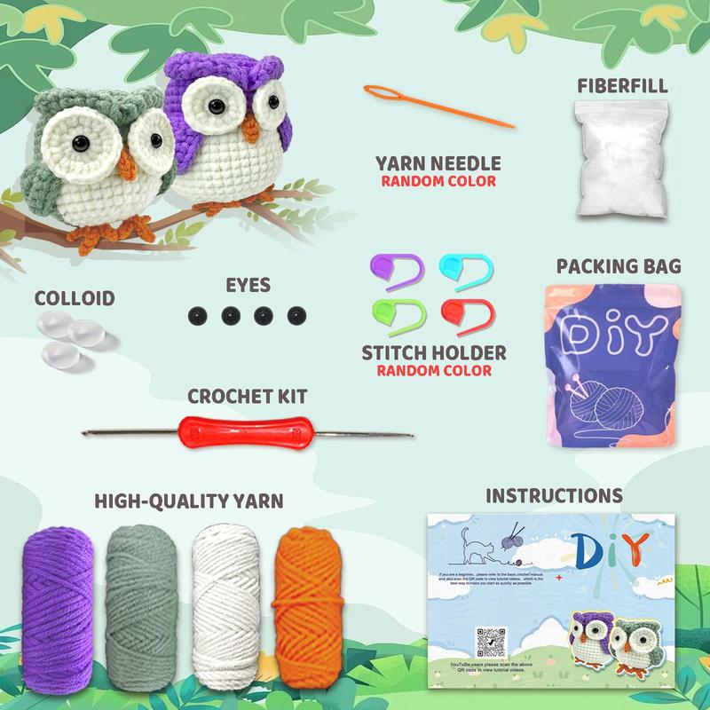 Cute Owl Design Crochet Kit, 1 Set Adorable Animals Crochet Starter Kit for Home Decor, DIY Crochet Supplies with Step-by-step Video Tutorials