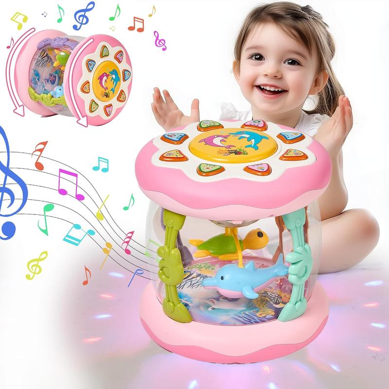 Baby Girl Toys, Ocean Rotating Light Up Musical Toys with Crawling Wheels, Gifts for Boys Girls, Pink