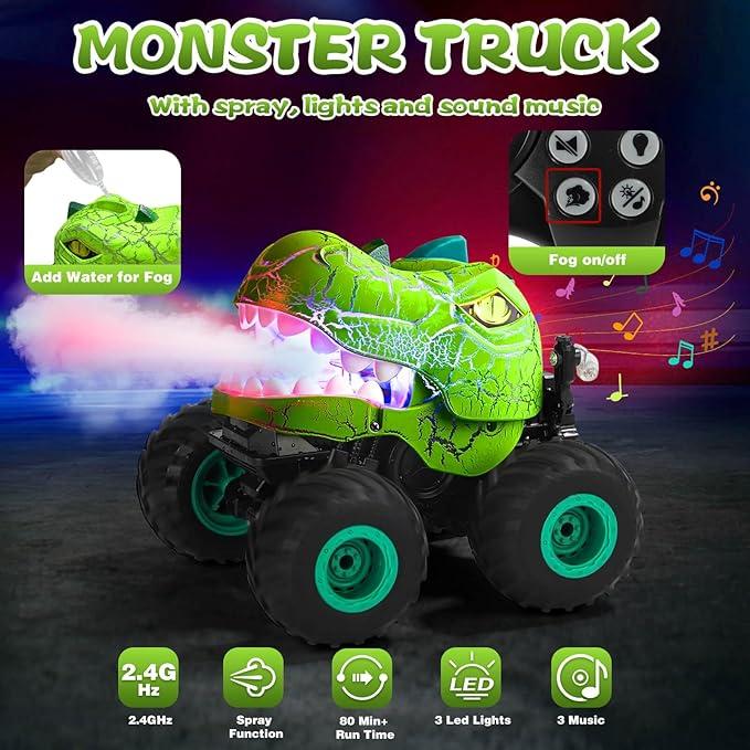 Monster Truck Toy,Remote Control Dinosaur Animal Toy, RC Motion Activated Light-Up Cars - 360° Rotating RC Stunt Car with Spray, Lights, Music, and 4WD - All-Terrain Rechargeable Toy for Boys and Girls,Birthday Gifts Christmas Gifts for Kids