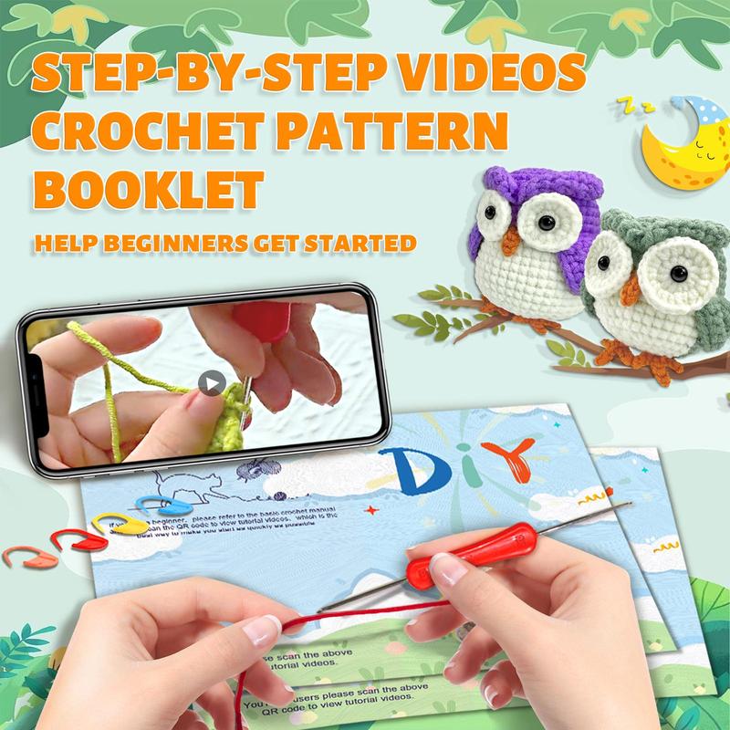 Cute Owl Design Crochet Kit, 1 Set Adorable Animals Crochet Starter Kit for Home Decor, DIY Crochet Supplies with Step-by-step Video Tutorials