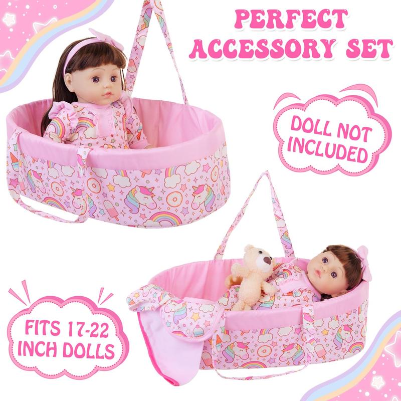 8 Pcs Baby Doll Clothes with Bassinet for 17-22 inch Baby Doll Reborn, Baby Doll Accessories Clothes Outfit Including Doll Nursing Bottle Bib Headband with Unicorn Pattern