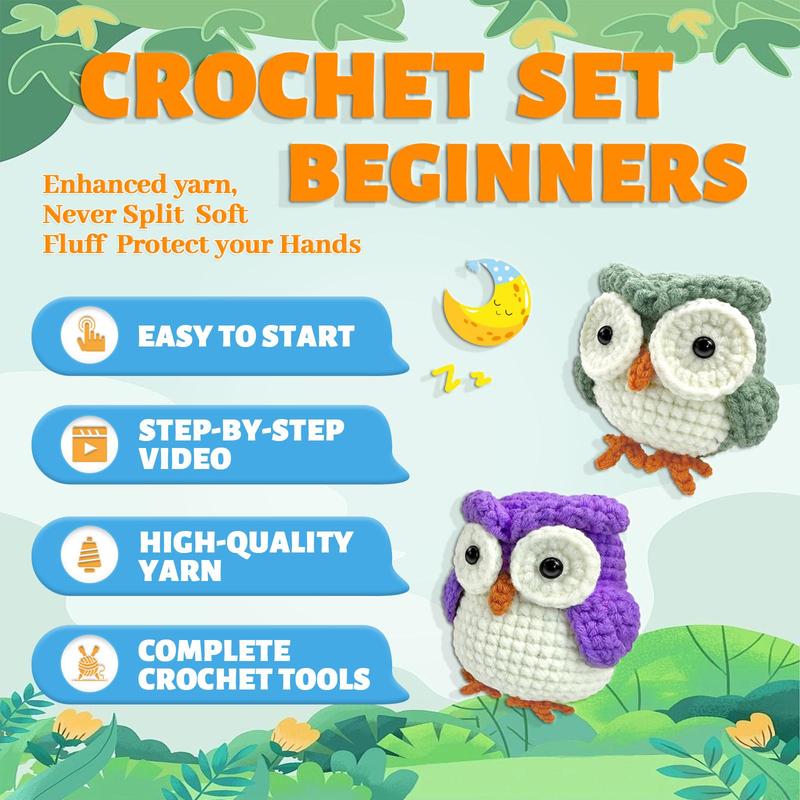 Cute Owl Design Crochet Kit, 1 Set Adorable Animals Crochet Starter Kit for Home Decor, DIY Crochet Supplies with Step-by-step Video Tutorials