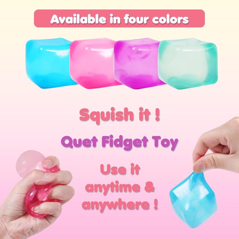 4pack Stress Cube Squishy Stress Balls for Adults Kids Sensory Ice Cube Fidget Toy for Your Best Mellow and Chill -Square Shape with Filling in Pink Purple Blue Green- Age 3 to Adult (4pcs)