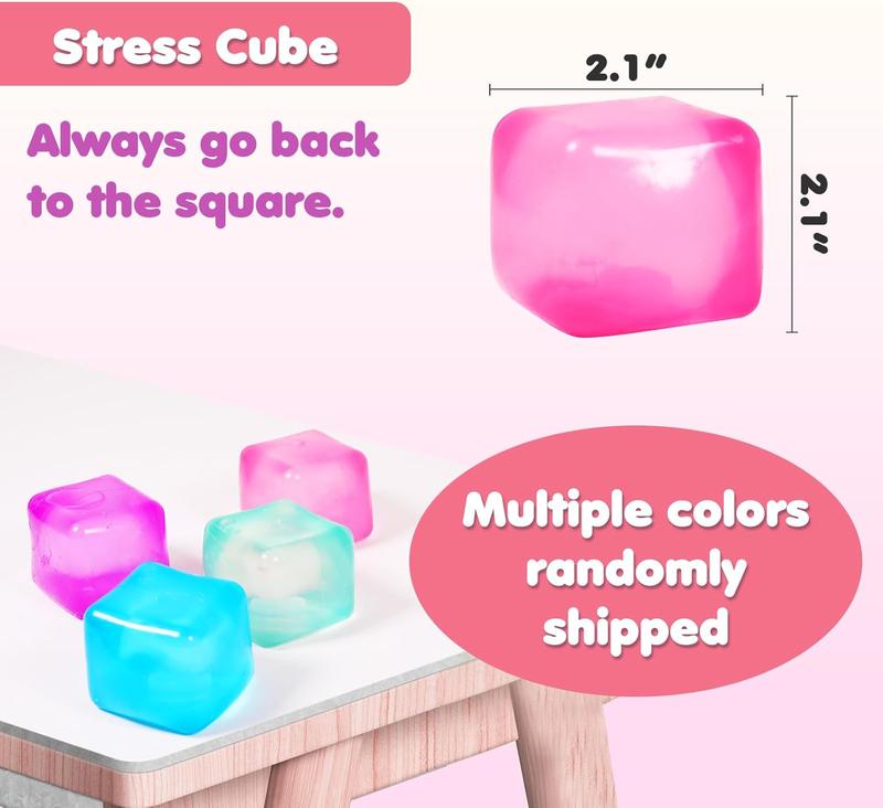 4pack Stress Cube Squishy Stress Balls for Adults Kids Sensory Ice Cube Fidget Toy for Your Best Mellow and Chill -Square Shape with Filling in Pink Purple Blue Green- Age 3 to Adult (4pcs)