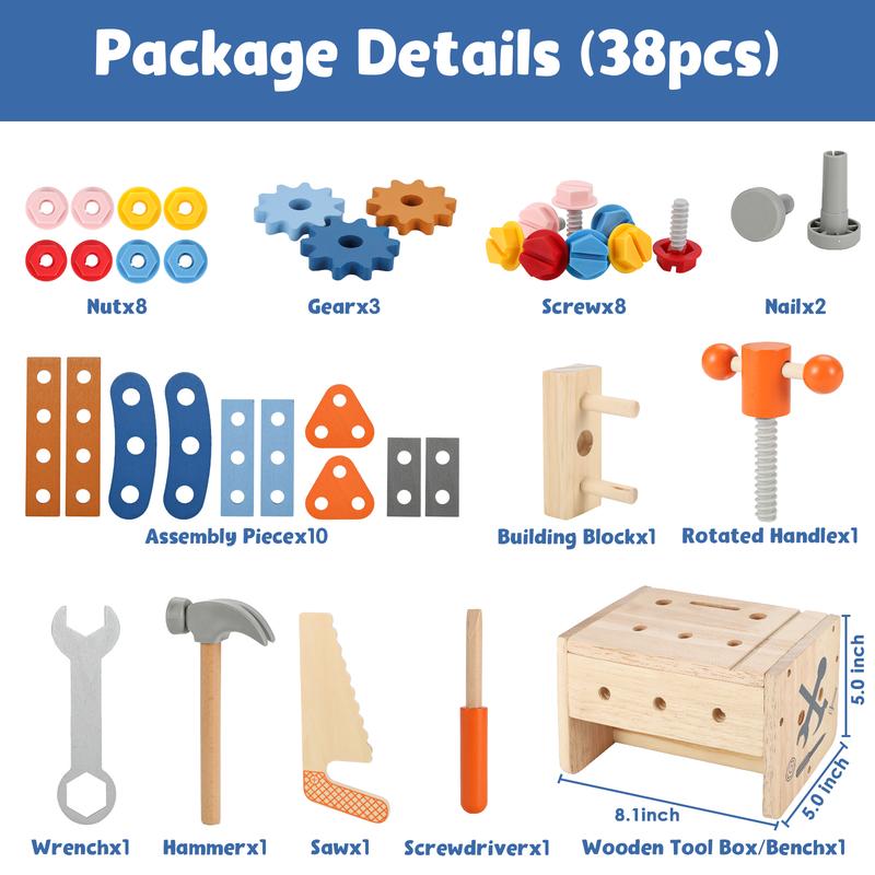 Vextronic Kids Tool Set, 38 PCS Wooden Montessori Toy Tools for Toddlers 1 2 3 4 5 6 with Tool Bench Box, Play Toddler Tool Set, Educational STEM Construction Christmas Birthday Gift for Boys Girls