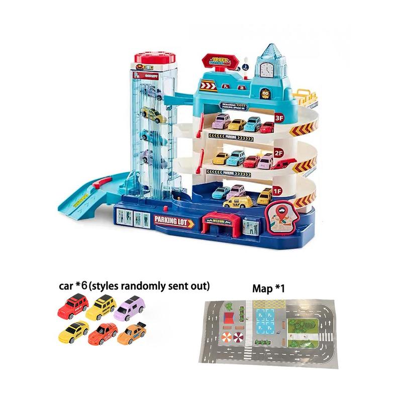 City Multi-layer Parking Tower Toy with Random Color Cars, Electric Car Slide Track Lift Parking Garage Toy, Interactive Toy