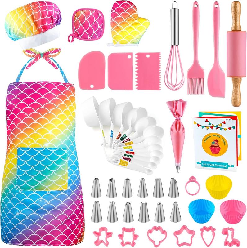 Christmas Gift Kids Baking and Cooking Set for Girls, 54PCS Chef Costume Set with Kids Apron, Chef Hat, All Real Cooking Tools and Baking Supplies, Kitchen Utensils and Recipes for Child Junior Chefs 3+