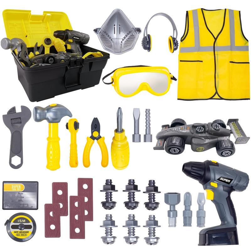 Tool Set with Toolbox & Electronic Drill - Pretend Play Construction Kit, Simulated Sound & Motion, for Ages 3+, Durable ABS Material, Ideal Gift for Young Builders - Black, Yellow, Grey, Burgundy