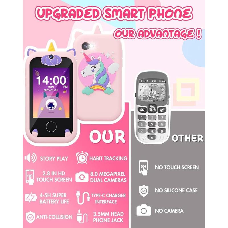 Kids Smart Phone for Girls Unicorns Gifts for Girls Toys 8-10 Years Old Phone Touchscreen Learning Toy Christmas Birthday Gifts for 3 4 5 6 7 8 9 Year Old Girls with 8G Memory Card