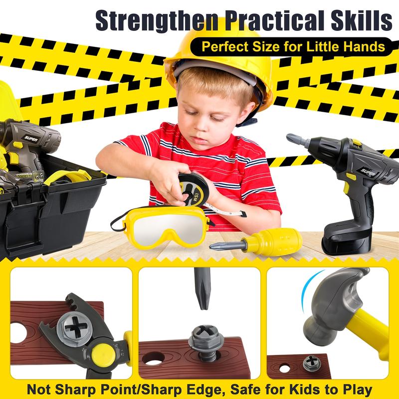 Tool Set with Toolbox & Electronic Drill - Pretend Play Construction Kit, Simulated Sound & Motion, for Ages 3+, Durable ABS Material, Ideal Gift for Young Builders - Black, Yellow, Grey, Burgundy