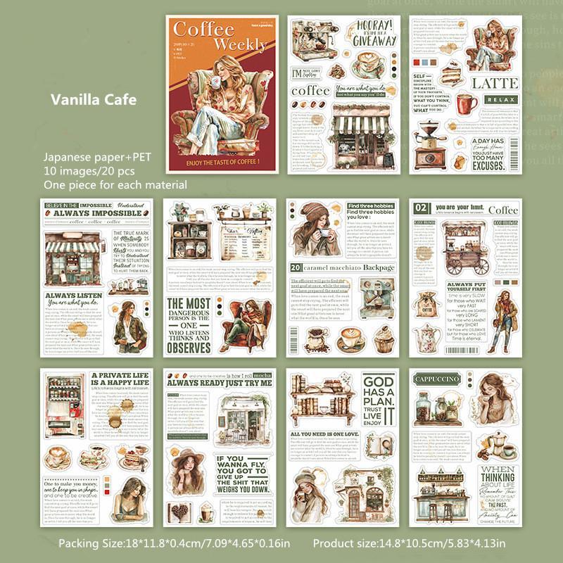 Coffee Themed Sticker Book, 20pcs book Vintage Coffee Pattern Decorative Sticker, DIY Decorative Sticker for Scrapbook, Journal, Gift Wrapping