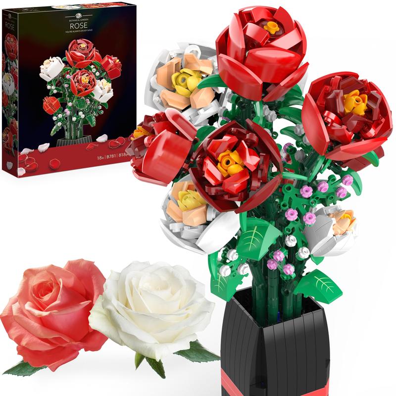 EDUCIRO Flowers Bouquet Building Set (818 PCS) - Christmas, Mother's Day, or Valentine's Gifts Ideal for Kids, Women,Girls and Boys, Roses Toy Building Set with Vase