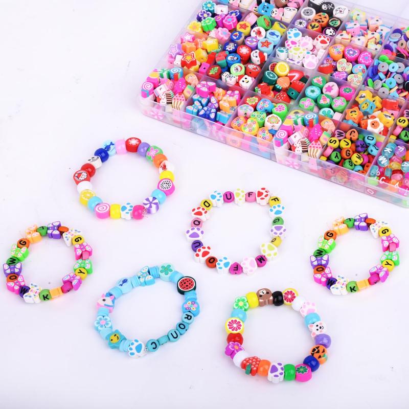 1000pack Polymer Clay Beads Bracelet Making kit, 24 Style Cute Fun Beads Fruit Flower Animal Cake Butterfly Heart Beads Charms for Jewelry Necklace Earring Making DIY Accessories for Women Girls