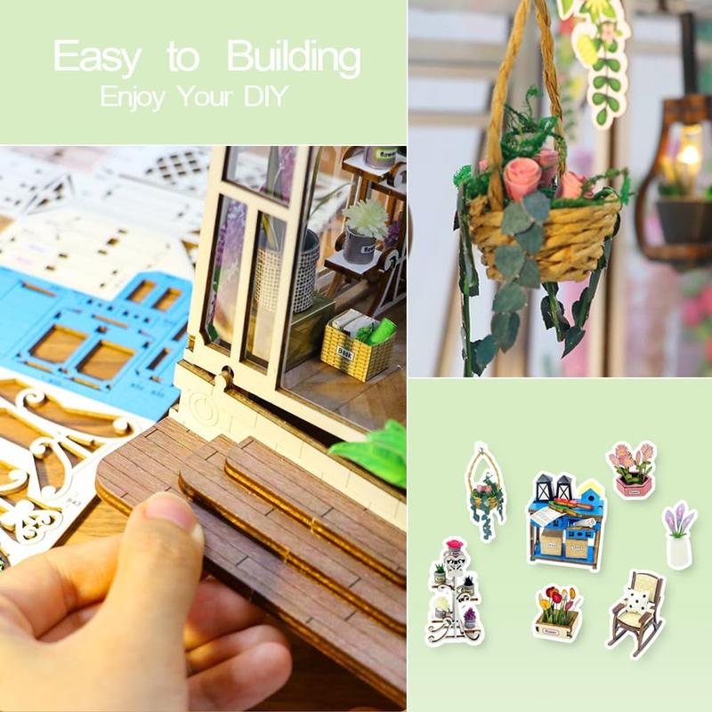 DIY Book Nook Kit, Miniature Dollhouse Booknook Kit, Creativity 3D Wooden Puzzle Bookend Bookshelf Decor with Light for Adults, Flower Garden