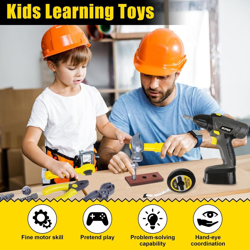 Tool Set with Toolbox & Electronic Drill - Pretend Play Construction Kit, Simulated Sound & Motion, for Ages 3+, Durable ABS Material, Ideal Gift for Young Builders - Black, Yellow, Grey, Burgundy