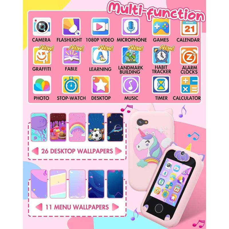 Kids Smart Phone for Girls Unicorns Gifts for Girls Toys 8-10 Years Old Phone Touchscreen Learning Toy Christmas Birthday Gifts for 3 4 5 6 7 8 9 Year Old Girls with 8G Memory Card