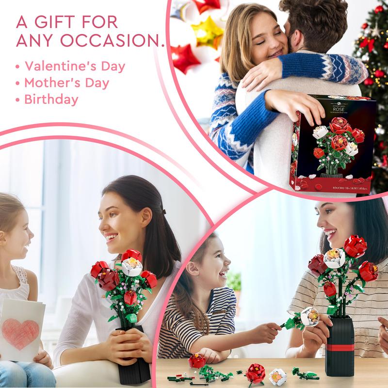 EDUCIRO Flowers Bouquet Building Set (818 PCS) - Christmas, Mother's Day, or Valentine's Gifts Ideal for Kids, Women,Girls and Boys, Roses Toy Building Set with Vase