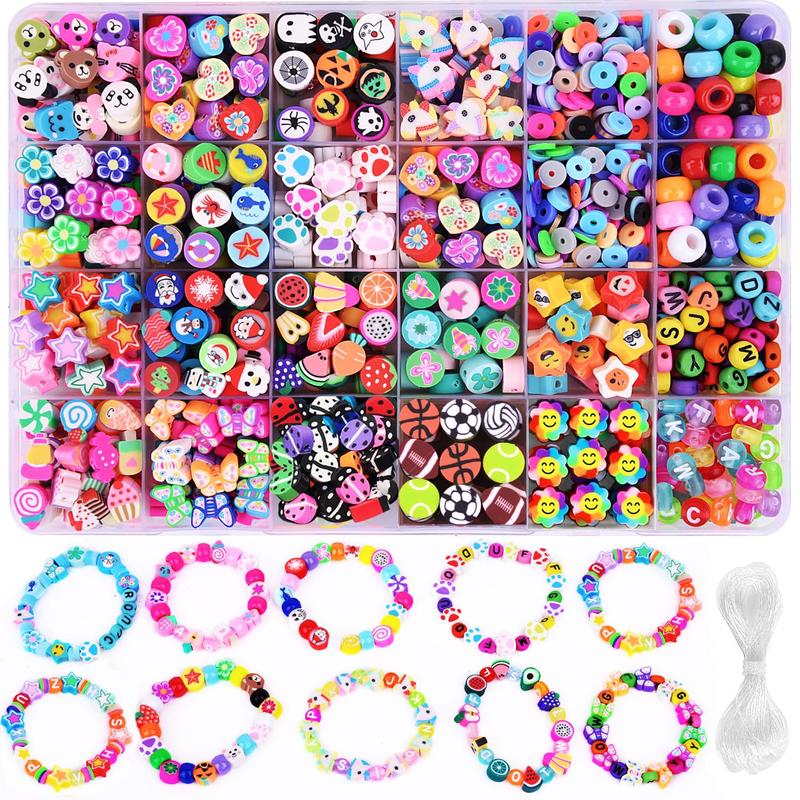 1000pack Polymer Clay Beads Bracelet Making kit, 24 Style Cute Fun Beads Fruit Flower Animal Cake Butterfly Heart Beads Charms for Jewelry Necklace Earring Making DIY Accessories for Women Girls