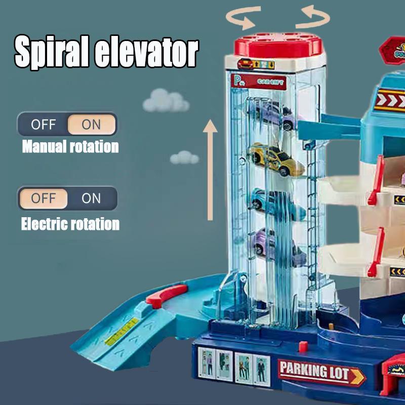 City Multi-layer Parking Tower Toy with Random Color Cars, Electric Car Slide Track Lift Parking Garage Toy, Interactive Toy