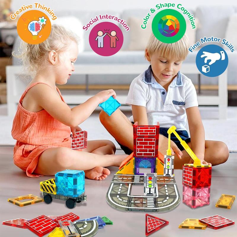 Magnetic Tiles Road Set, 1 set City Construction Building Toys, Preschool Toys, Gifts for over 3 Years Old Boys Girls, Christmas Gift