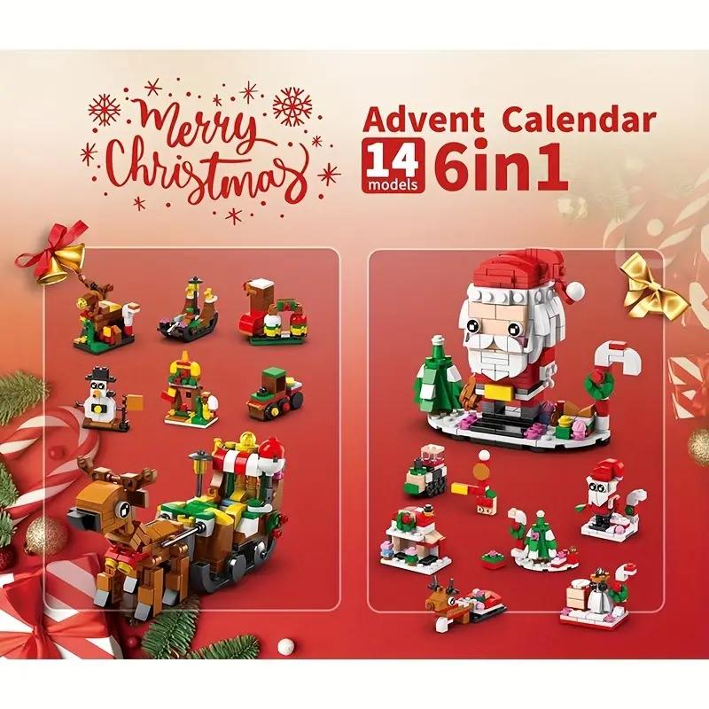 Christmas 2024 Building Blocks(605pcs) - 12 Day Countdown Calendar Gift Box - 6 in 1 Christmas Tree Elk Santa Track Car Blocks Bricks