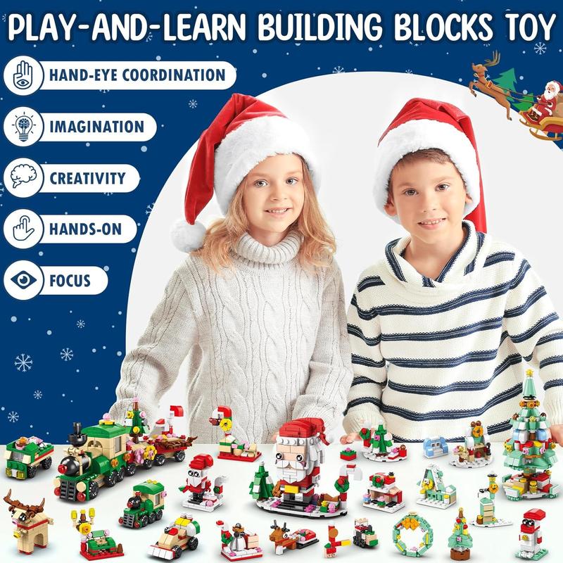 Christmas 2024 Building Blocks(605pcs) - 12 Day Countdown Calendar Gift Box - 6 in 1 Christmas Tree Elk Santa Track Car Blocks Bricks