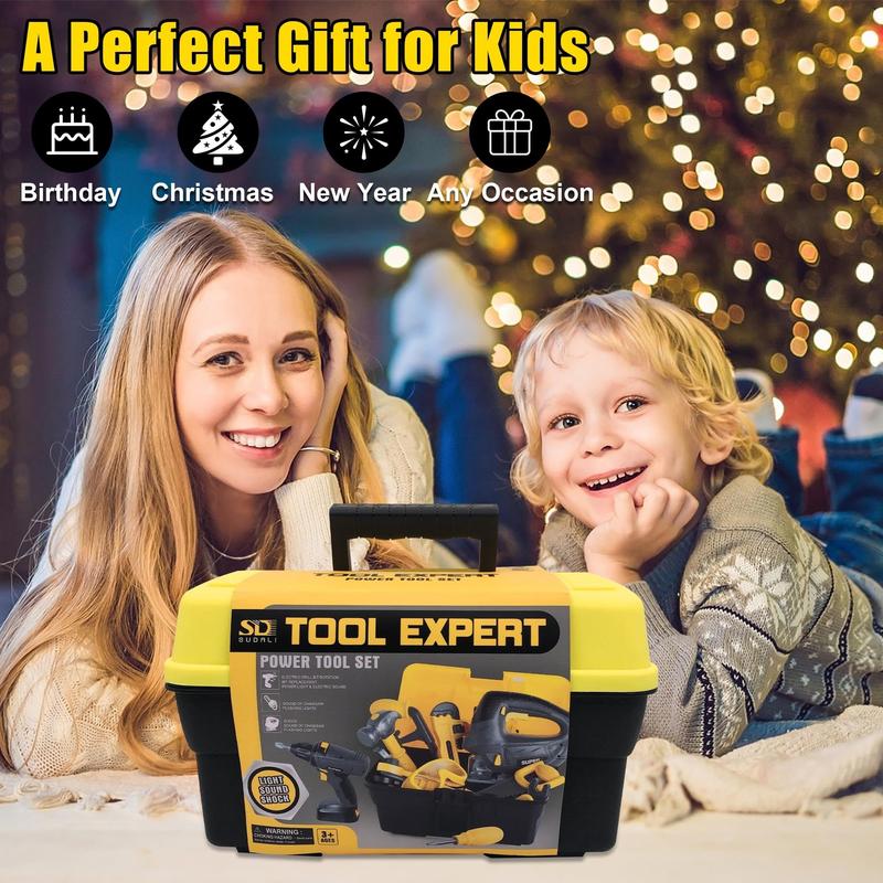 Tool Set with Toolbox & Electronic Drill - Pretend Play Construction Kit, Simulated Sound & Motion, for Ages 3+, Durable ABS Material, Ideal Gift for Young Builders - Black, Yellow, Grey, Burgundy