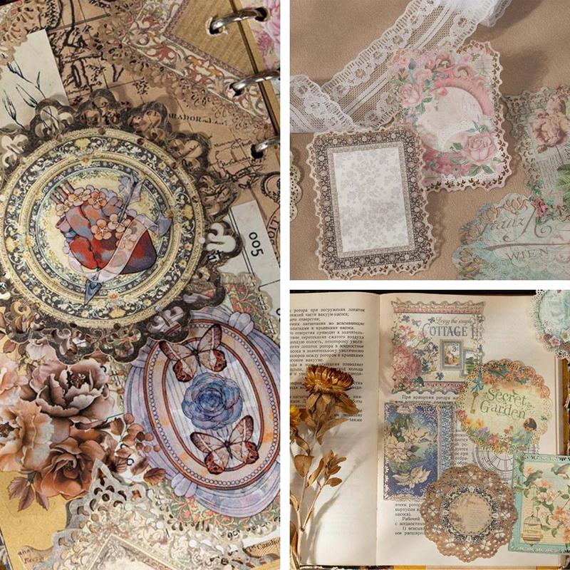 Vintage Flower & Lace Design Material Paper, 10pcs set Hollow Out Scrapbooking & Stamping Paper, DIY Decorative Paper for Scrapbooking & Journal Making