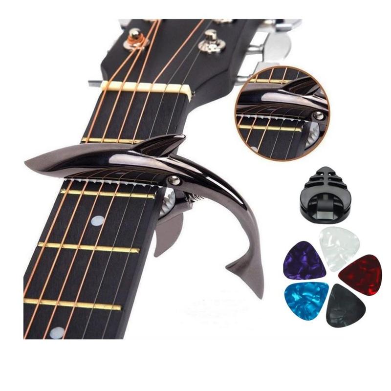 Zinc Alloy Guitar Capo With Pick Set, 7 Counts set Shark Capo For Acoustic And Electric Guitar, Music Accessories For Guitar Player, Christmas Gift