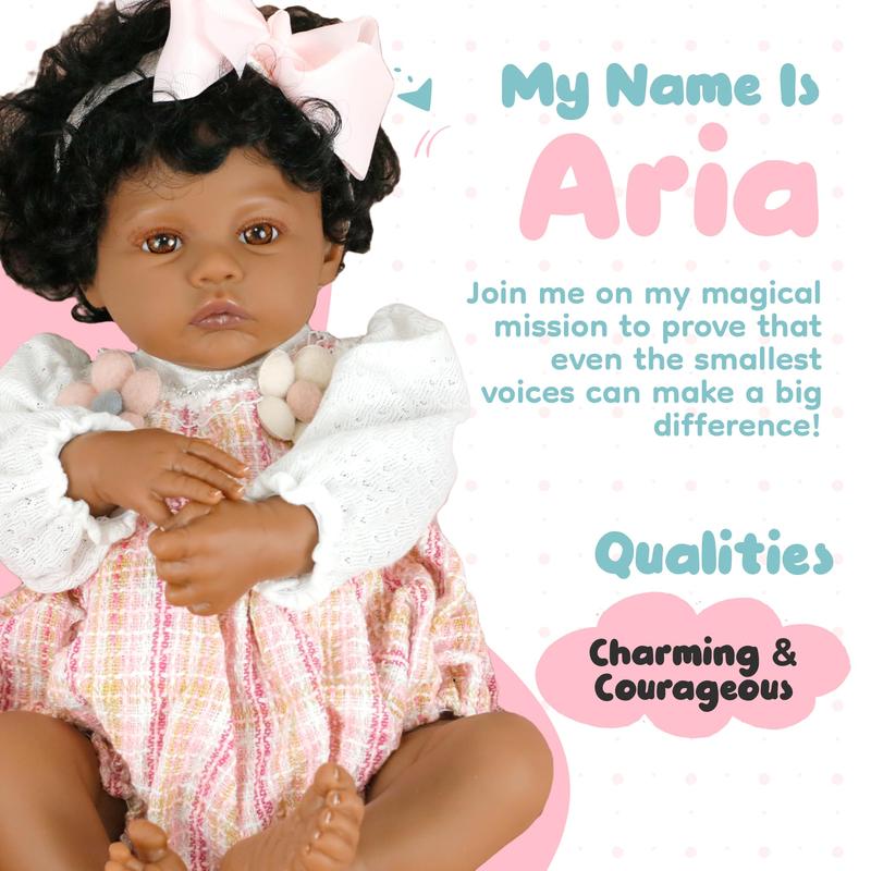 Black Baby Magic Reborn Destiny Doll w Accessories, 6 Piece Gift Set Playset, Realistic Soft Body, Lifelike 17 Inch Newborn Babies, Curly Natural Hair, Black, African American Girl (Aria)