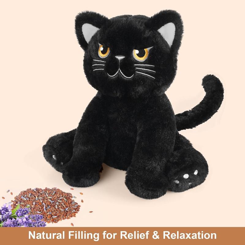 Irritable black cat stuffed with lavender scent, heated stuffed animal for cramps and pain, plush warm stuffed black cat hugged before bedtime, stress relieving gift for cats